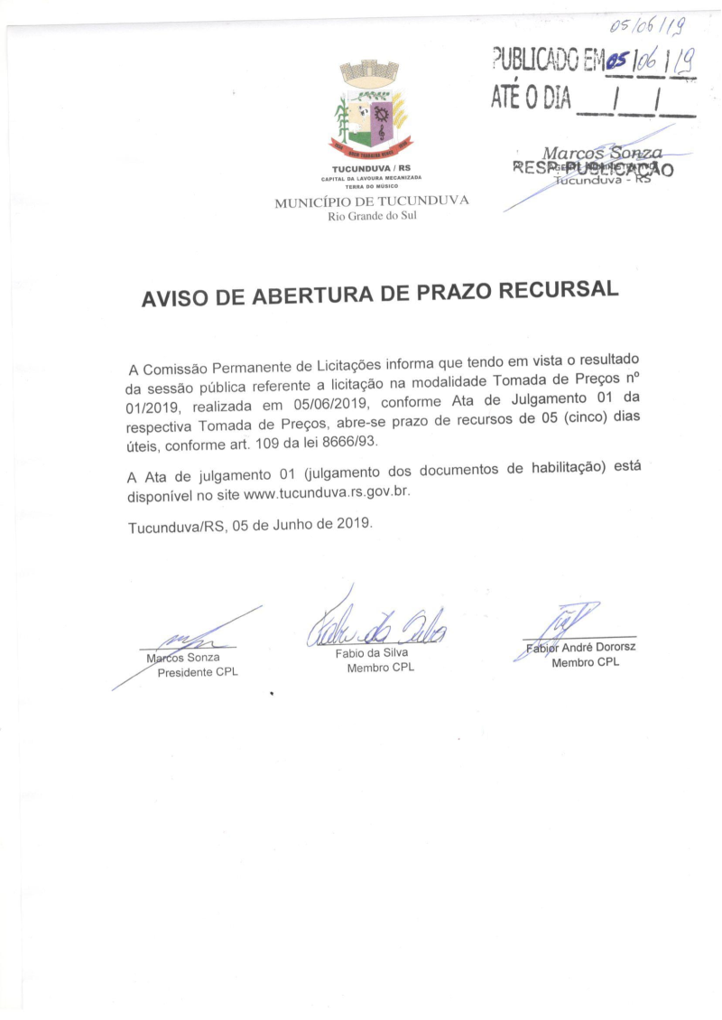 AVISO DE ABERTURA DE PRAZO RECURSAL - TOMADA DE PREÇOS 01_2019